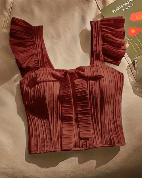 Ruffle Bow Front Camisole Tank Top in Merlot Red