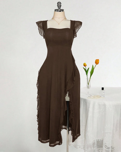Square Neck Ruffle Trim Slit Fitted Dress Curve & Plus in Coco Brown