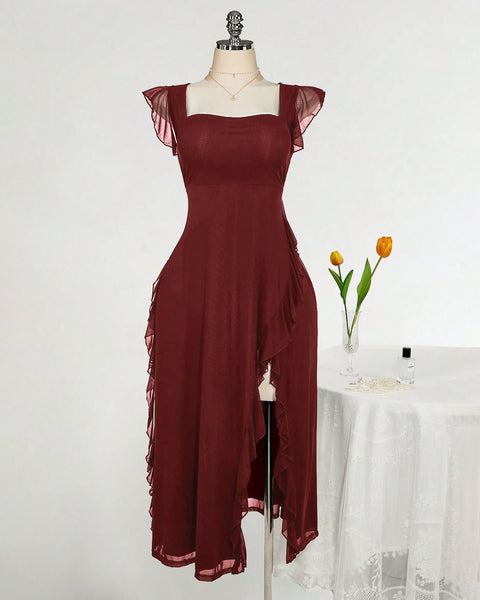 Square Neck Ruffle Trim Slit Fitted Dress Curve & Plus in Maroon