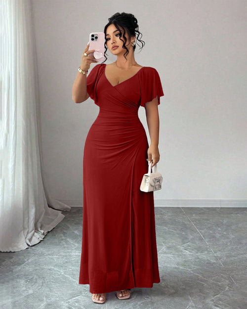 V-Neck Ruffle Sleeve Wrap Pleated Slit Dress Curve & Plus in Dark Red