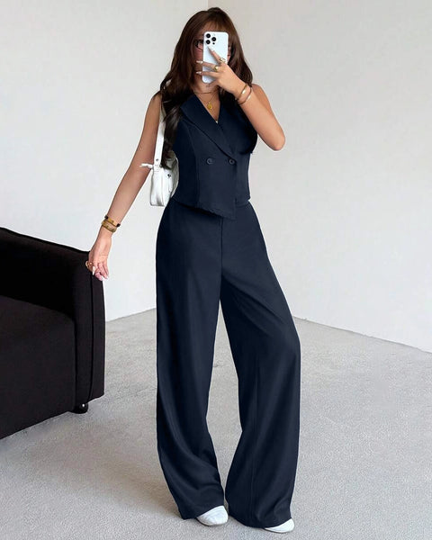 Collared V-Neck Sleeveless Vest Top And Wide Leg Pants Set in Navy Blue