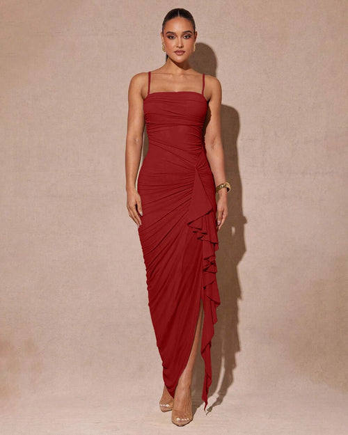 Sleeveless Ruffle High Slit Bodycon Dress in Dark Red
