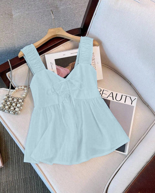 Front Tie Bow Loose Sleeveless Top in Sky Blue