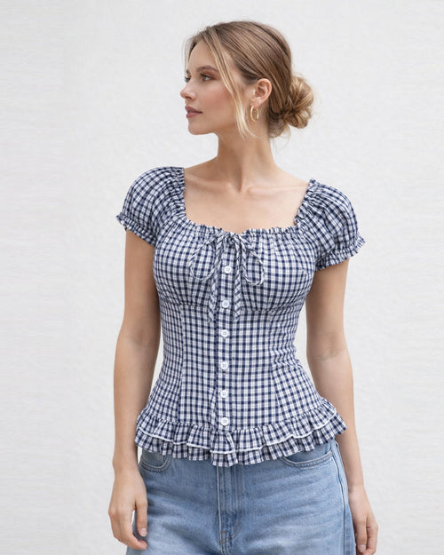 Textured Plaid Print Puff Cap Sleeve Ruffle Top