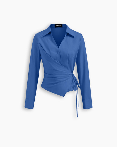 Collar Full Sleeve Wrap Tie Side Shirt in Navy Blue