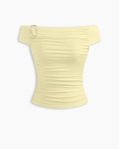 Off-shoulder Ruched Buckle Short Sleeve Top in French Vanilla