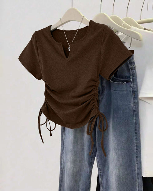 V-Neck Short Sleeve Drawstring Casual Top in Xpresso Brown
