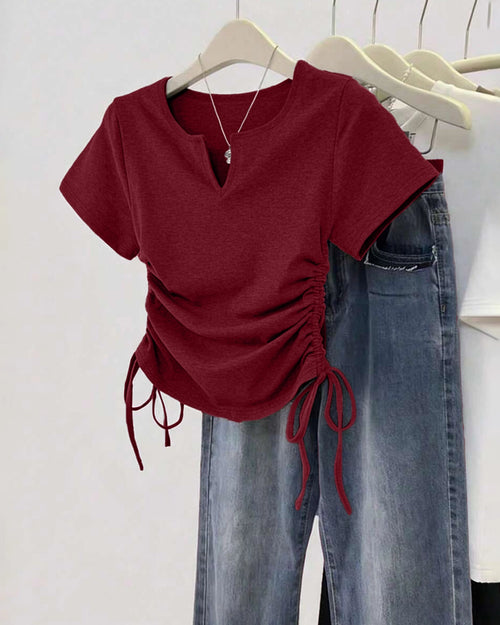 V-Neck Short Sleeve Drawstring Casual Top in Maroon