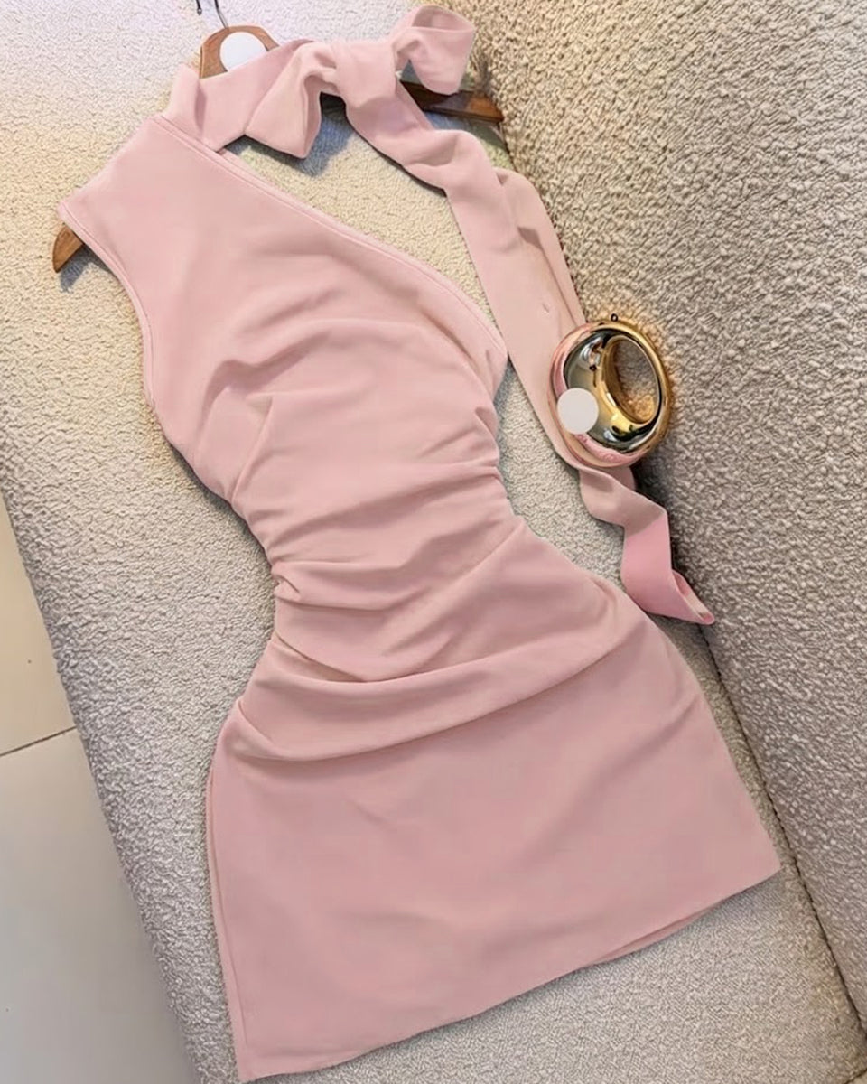 Asymmetrical One Shoulder Strap Bodycon Mini Dress in Rose Pink
