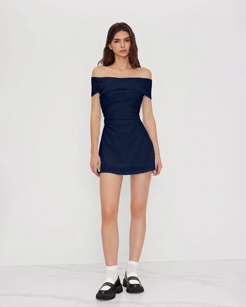 Off-shoulder Criss Cross Ruched Mini Dress in Navy Blue