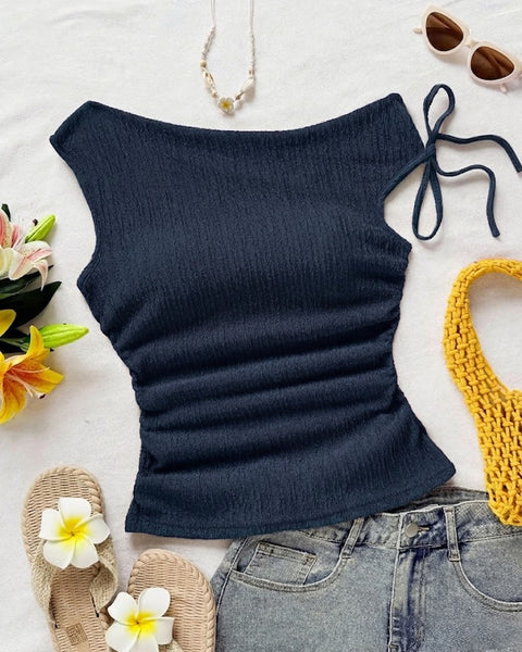 Asymmetrical Side Knot Sleeveless Top in Blue