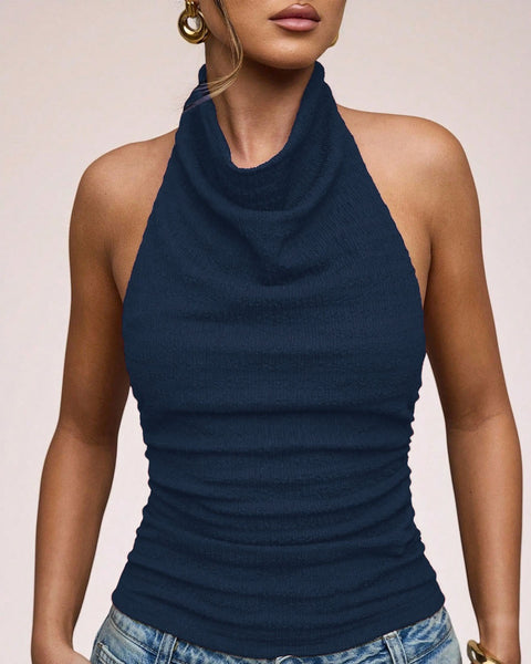Draped Halter Backless Fitted Top in Blue