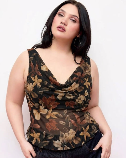 Butterfly Floral Cowl Neck Ruched Mesh Top Curve And Plus in Soft Black