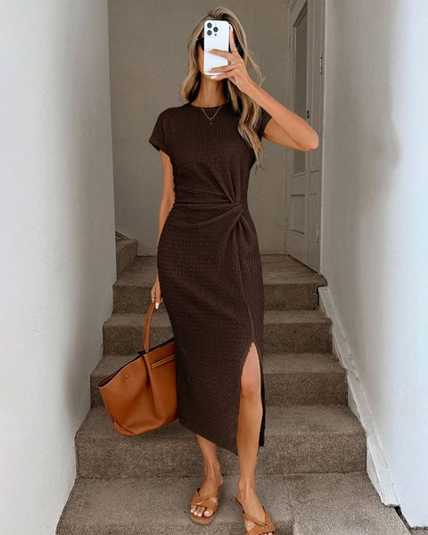 Waist Twist High Slit Sleeveless Midi Dress in Brown