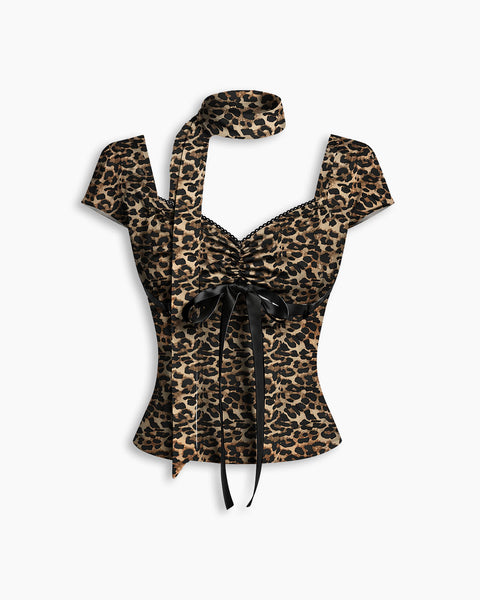 Leopard Print Sweetheart Neck Top with Scarf