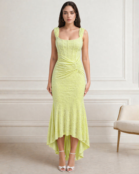 Jacquard Spaghetti Strap Backless Mermaid Dress in Lemon Yellow