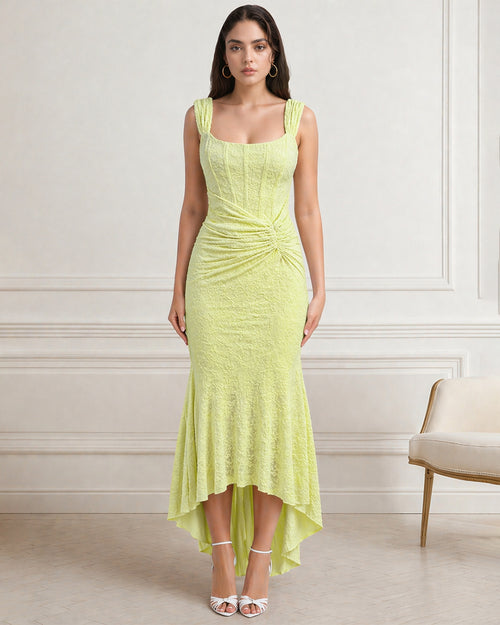 Jacquard Spaghetti Strap Backless Mermaid Dress in Lemon Yellow