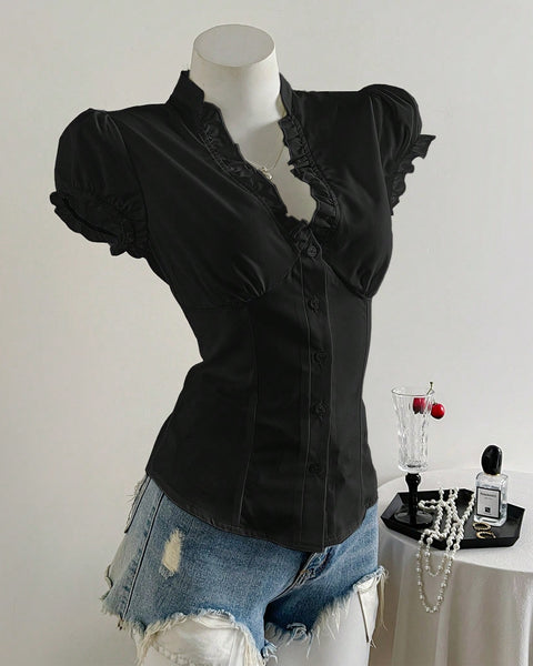Ruffled V-Neck Curved Hem Solid Short Puff Sleeve Top in Black