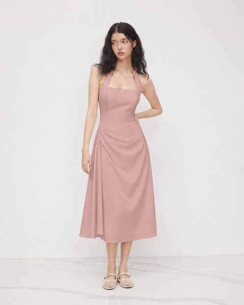 Halter Neck Fit and Flare A-Line Hem Sleeveless Midi Dress in Dusty Pink