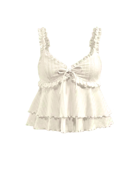 Spaghetti Strap Ruffle Hem Lace Camisole Top in Classic White