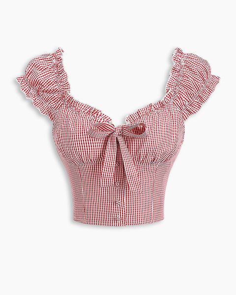 Checkered Front Frill Trim Bowknot Short Sleeve Top in Red