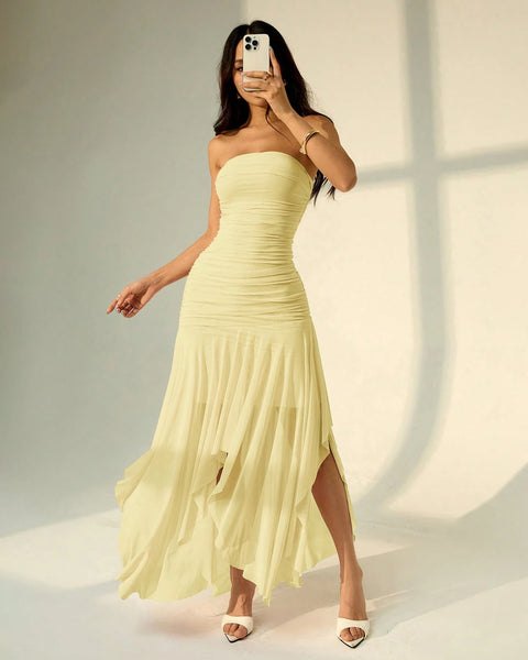 Strapless Bodycon Asymmetrical Hem Solid Sleeveless Midi Dress in Vanilla