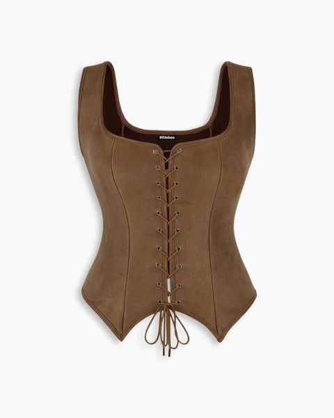 Lace-Up Corset Asymmetrical Hem Fitted Top in Brown