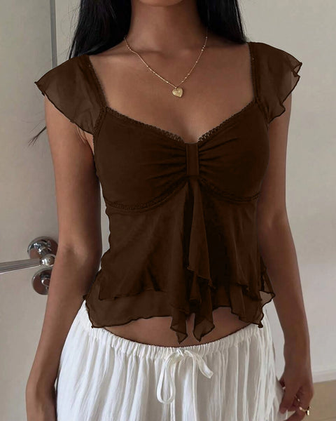 Chest Ruffle Mesh Flare Sleeve Top in Cocoa Brown