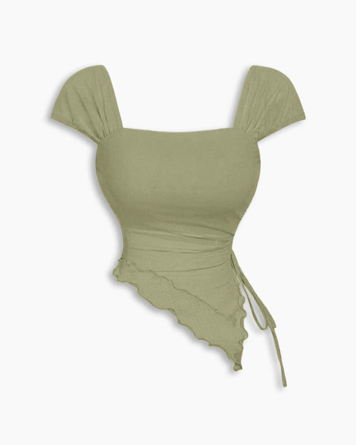 Tie Front Asymmetrical Hem Sleeveless Top in Herbal