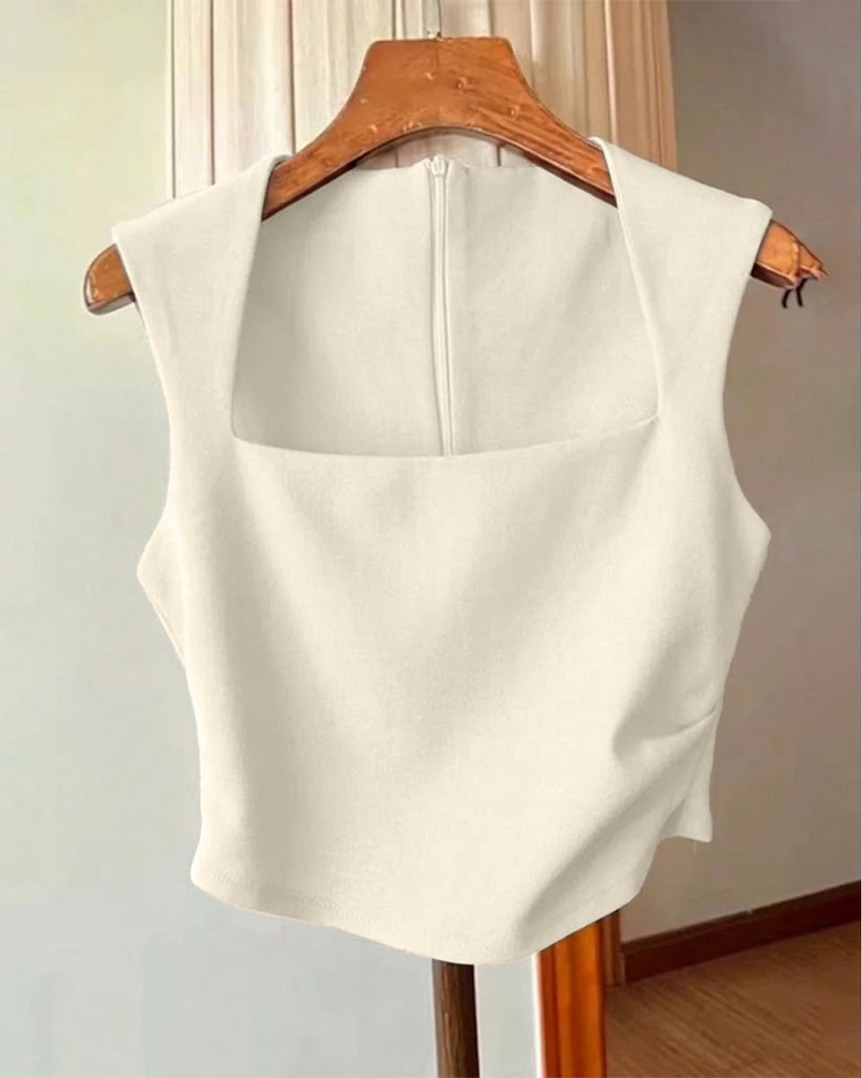 Pleated Waist Zip Back Sleeveless Tank Top in Beige- Littlebox India