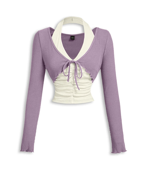 Halter Neck Straight Hem Full Sleeve 2-In-1 Crop Top in Lilac