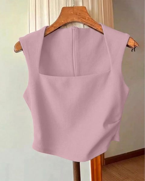 Pleated Waist Zip Back Sleeveless Tank Top in Dusty Pink