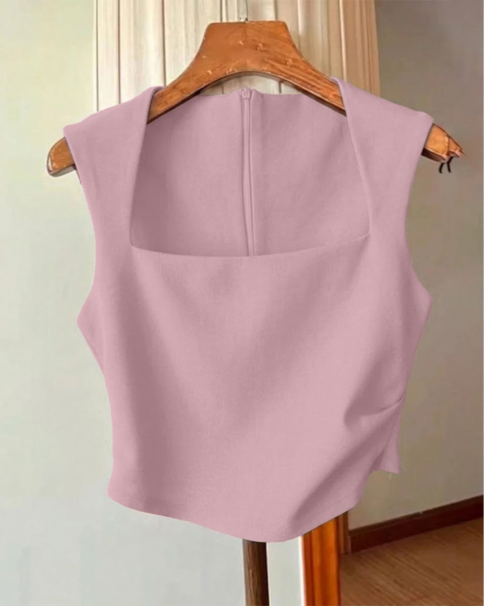 Pleated Waist Zip Back Sleeveless Tank Top in Dusty Pink