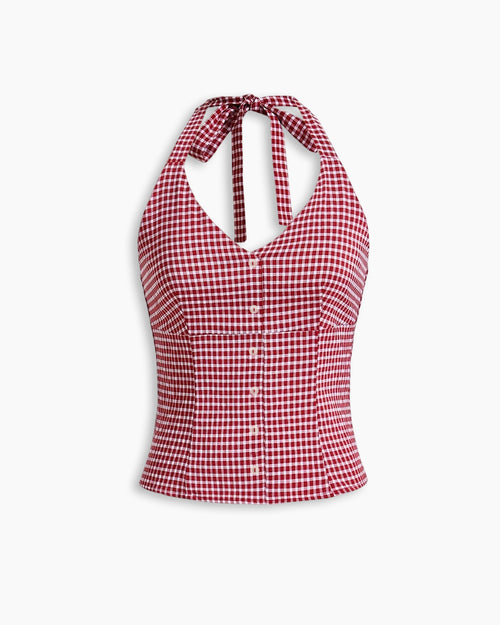 Halter Neck Fitted Straight Hem Sleeveless Crop Top in Classic Red