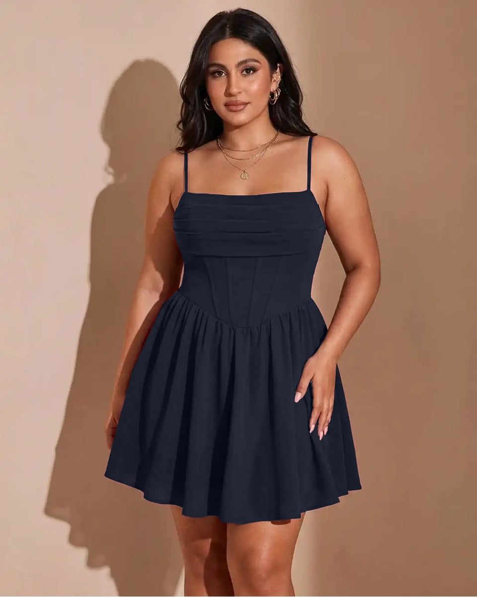 Square Neck Fit & Flare Solid Sleeveless Mini Dress Curve And Plus