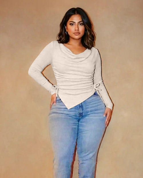 Casual Cowl Neck Ruched Side Tie Long Sleeve Top Curve And Plus in Apricot