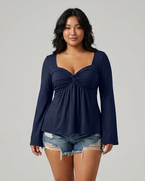 Ruched Sweetheart Neck Full Sleeve Top Curve And Plus in Navy Blue