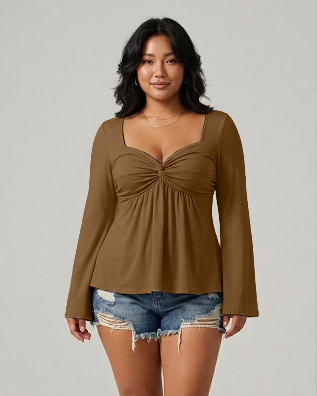 Ruched Bust Sweetheart Neck Full Sleeve Top Curve And Plus in