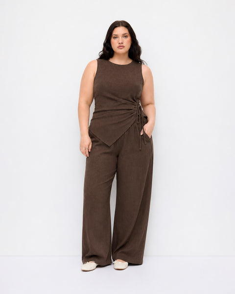 Textured Wrap Top & Wide Leg Pants Co-Ord Set Curve and Plus in Espresso Brown