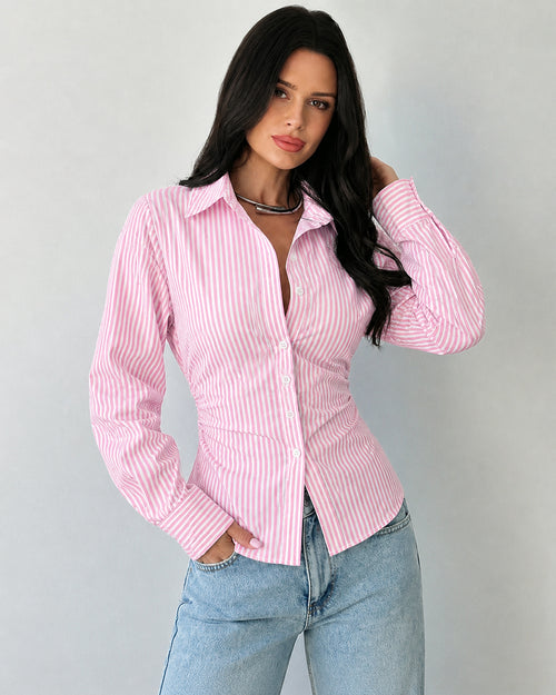 Collared V-Neck Ribbed Fitted Button-Front Top in Baby Pink