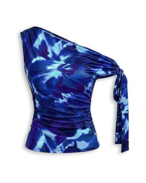 Asymmetrical Neck Abstract Print Ruched Knotted Top in Navy Blue