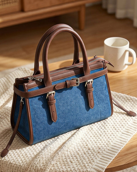 Denim Buckle Detail Top Handle Shoulder Bag in Blue