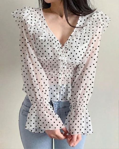 Classic White Polka Dot V-Neck Ruffle Trim Flared Cuff Full Sleeve Top