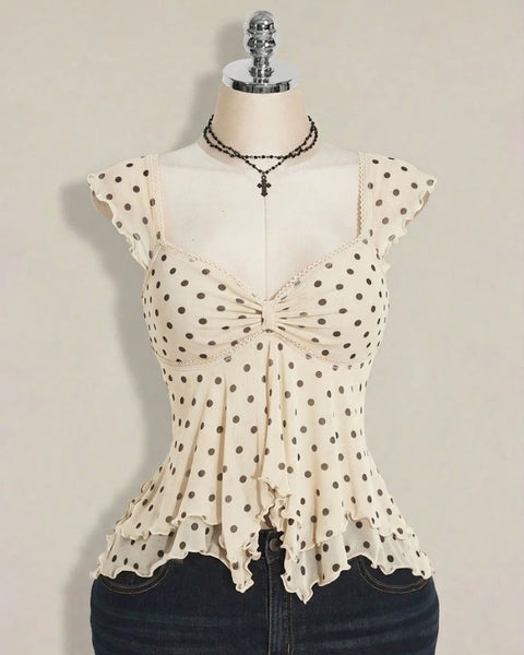 Off White Polka Dot Mesh Flutter Sleeve Ruffle Hem Top Curve and Plus
