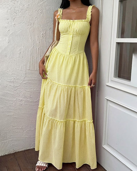 Square Neck Fit and Flare Tiered Gingham Sleeveless Maxi Dress in Butter Yellow