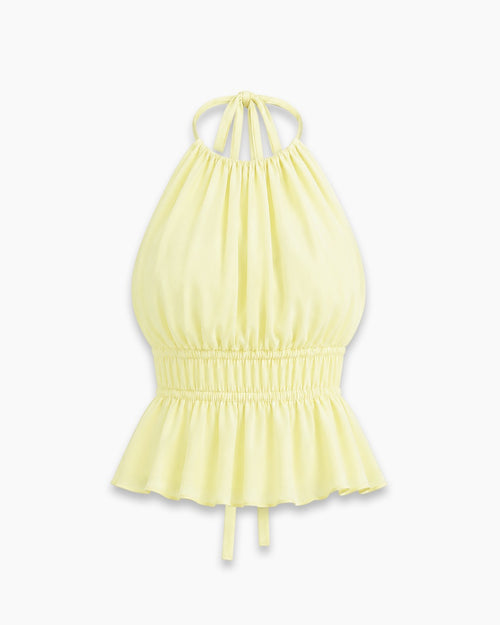 Halter Neck Fitted Flared Hem Solid Sleeveless Top in Butter Yellow