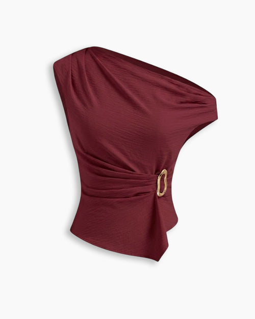 Textured Asymmetrical Neck Metal Detail Ruched Top in Burgundy