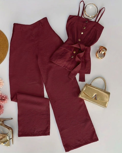 Solid Color Strappy Top and Long Pants Two Piece Set in Deep Maroon