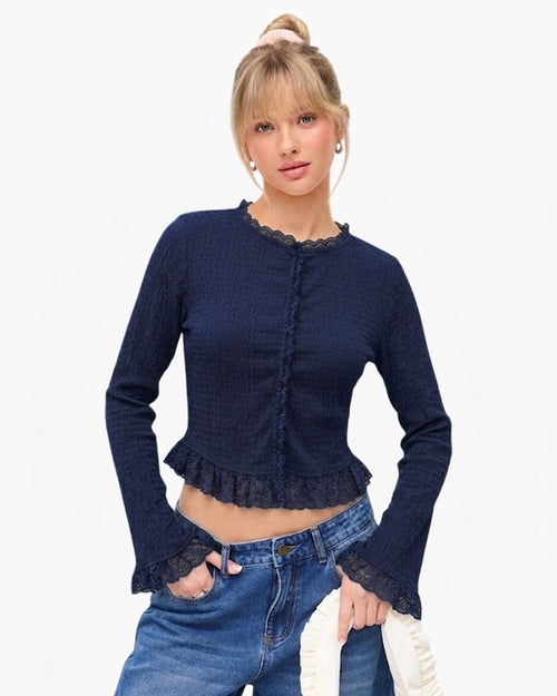 Round Neck Fitted Ruffle Hem Textured Full Sleeves Crop Top in Navy Blue