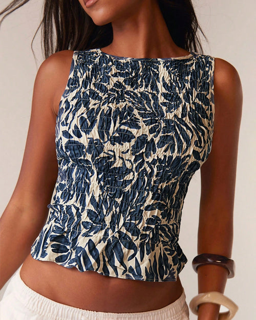 Floral Smocked Round Neck Fitted Sleeveless Top